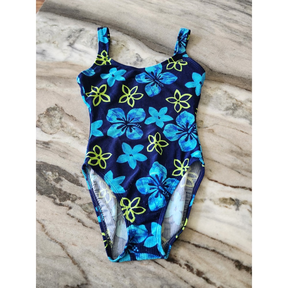 Vintage 90s Y2K Tropical Hibiscus One Piece Swimsuit Blue Ribbed Floral Womens S